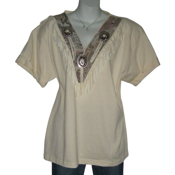 Joanie W Blouse Vintage 90's Western Fringe Studded Conche Aztec Cowgirl Boho L - Picture 1 of 10
